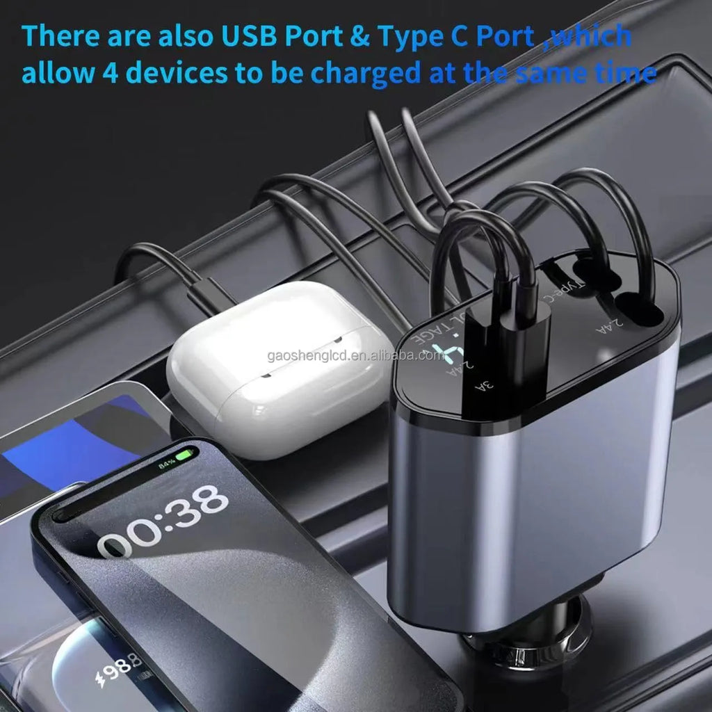 4-in-1 Retractable Fast Car Charger – Dual Cable & USB Charging