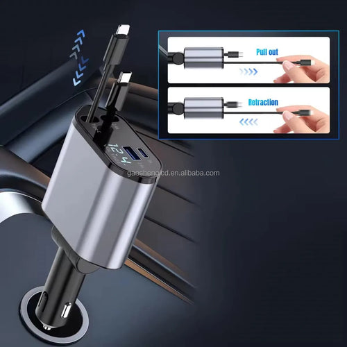 4-in-1 Retractable Fast Car Charger – Dual Cable & USB Charging