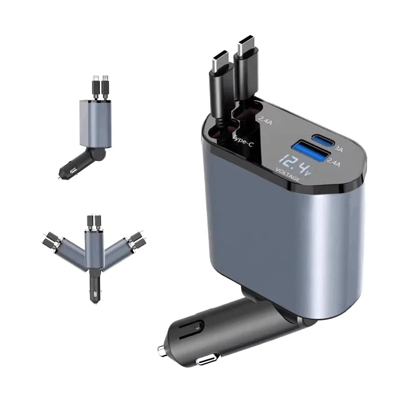 4-in-1 Retractable Fast Car Charger – Dual Cable & USB Charging